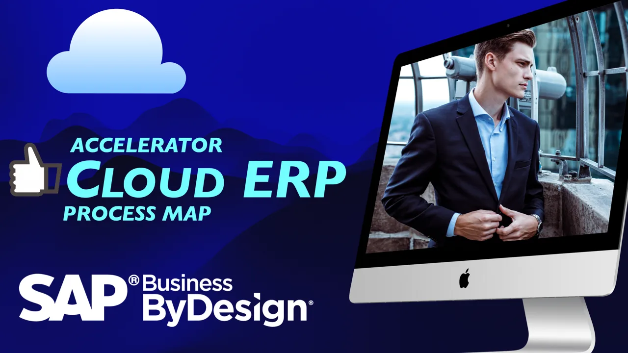 Hero-Banner mit Cloud-Symbol, Daumen-hoch-Icon und Geschäftsmann auf iMac für SAP Business ByDesign Accelerator Cloud ERP Pro