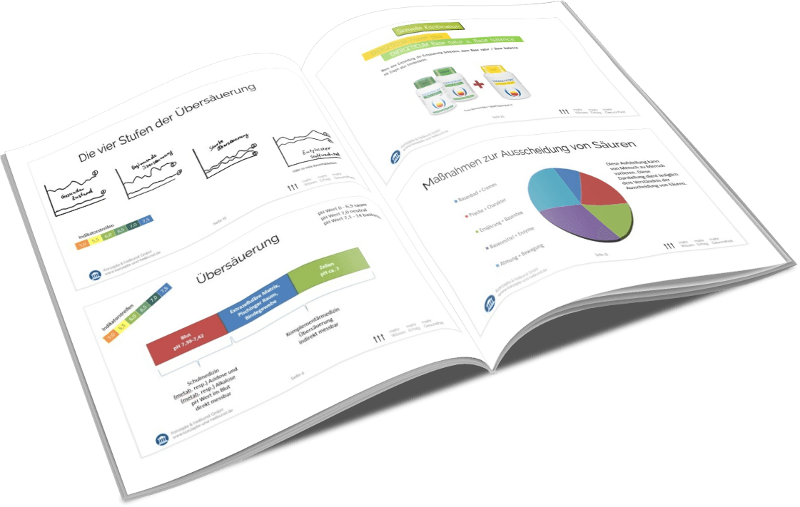 Aufgeklapptes Skript mit Infografiken zu Übersäuerung und Diagrammen