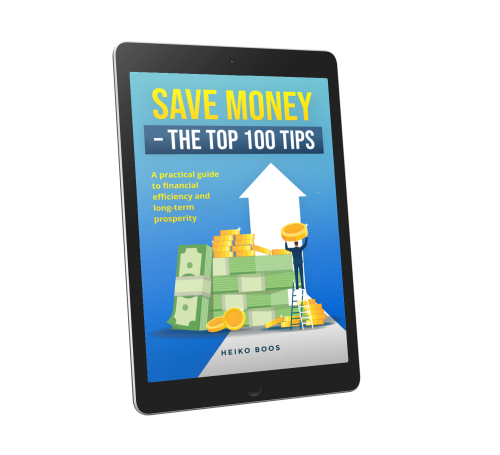 E-Book-Cover Save Money – The Top 100 Tips auf Tablet-Display, Illustration mit Geldstapeln und Aufwärtspfeil