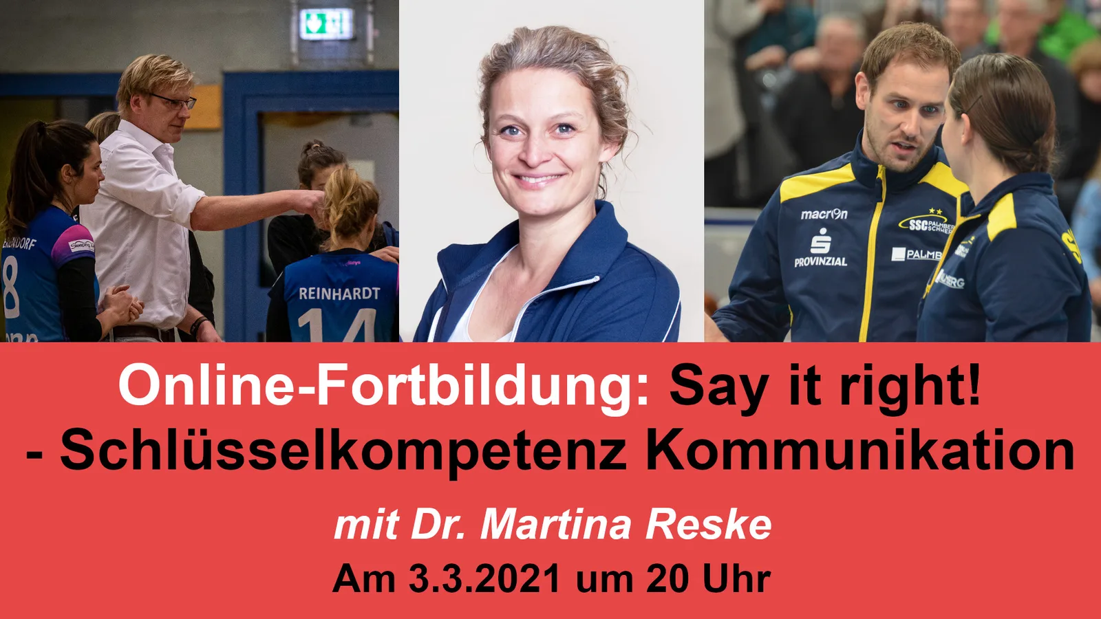 Hero-Banner für Online-Fortbildung Say it right! mit Dr. Martina Reske, Volleyball-Trainingsszenen und Kursinformationen
