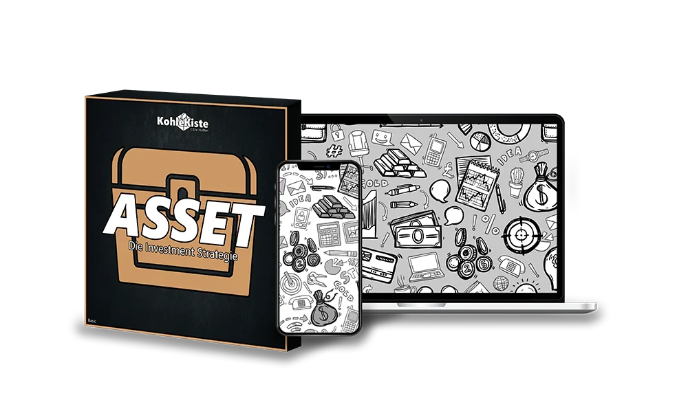 Scale – Videokurs für Nebeneinkommen von Eric Hüther 5 Asset Kurs Bundle Cover braun, Investment Strategie, Laptop und Smartphone