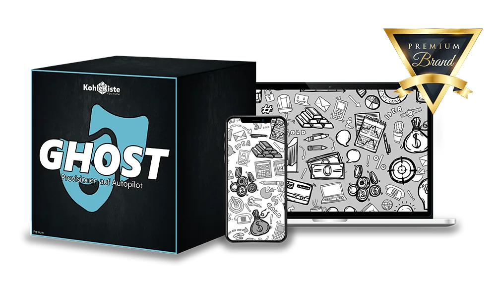 Scale – Videokurs für Nebeneinkommen von Eric Hüther 8 Ghost Premium Kurs Bundle Cover blaugrün, Provisionen auf Autopilot, Premium Brand Badge