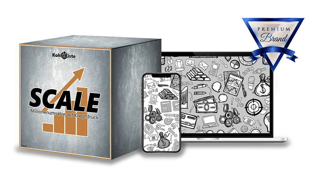 Scale – Videokurs für Nebeneinkommen von Eric Hüther 2 Scale Premium Kurs Bundle Cover silber, Millionenumsätze auf Knopfdruck, Premium Brand Badge
