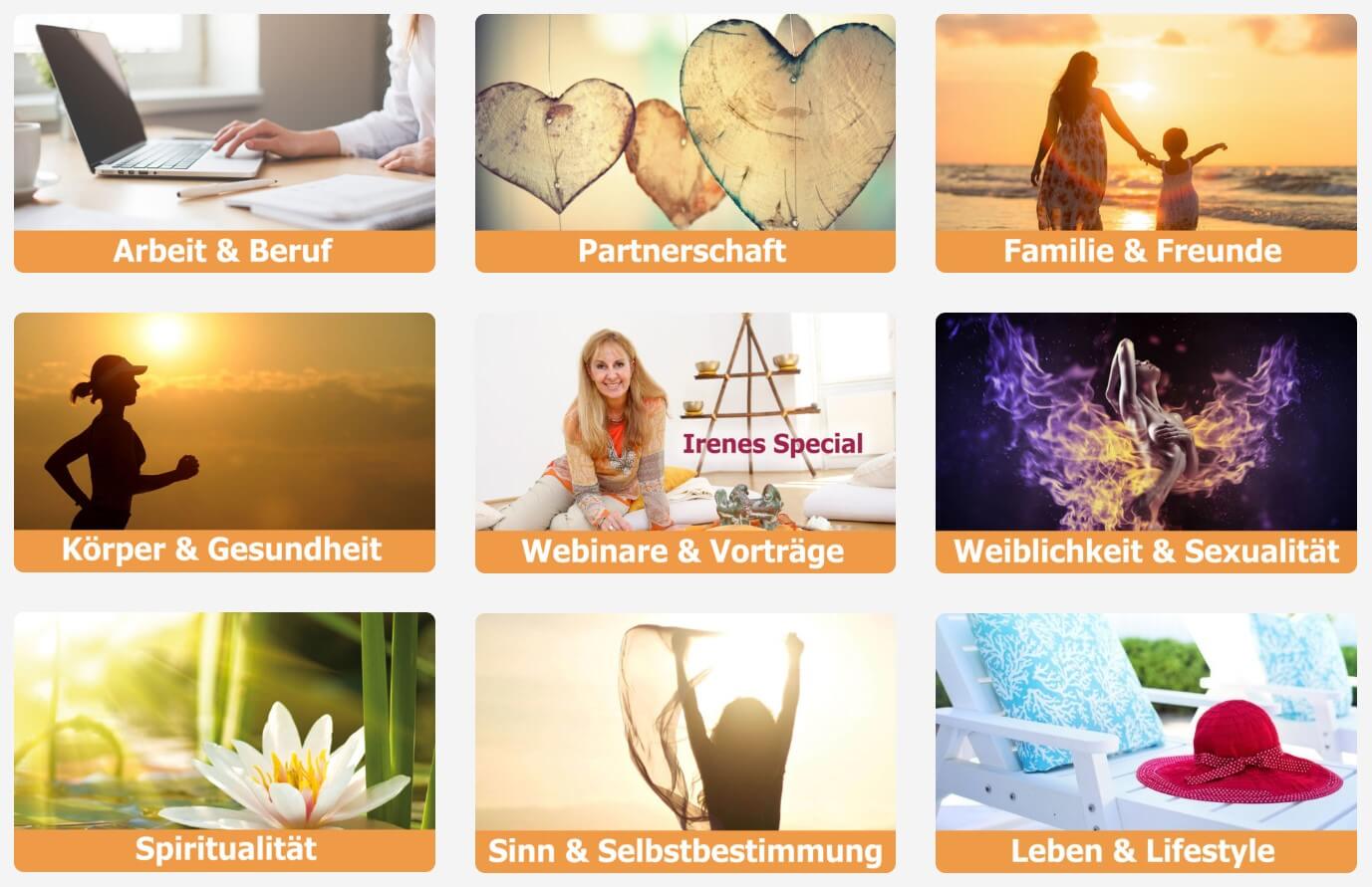 Themenraster mit neun Kategorien: Arbeit & Beruf, Partnerschaft, Familie & Freunde, Körper & Gesundheit, Webinare & Vorträge,