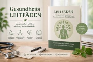Gesundheits-Leitfaden Hero mit Buch-Cover, Stethoskop und Notizblock auf Holztisch