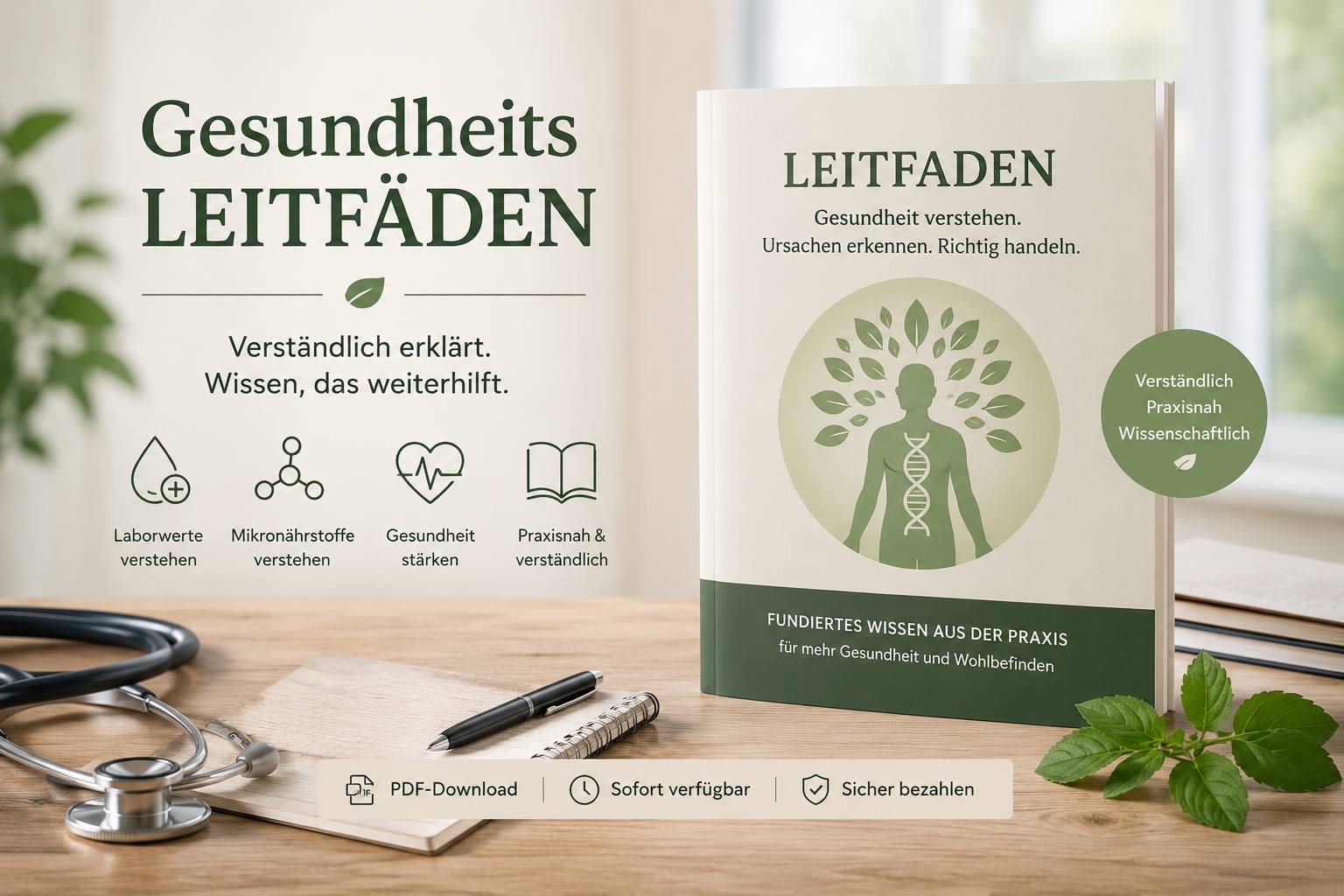 Gesundheits-Leitfaden Hero mit Buch-Cover, Stethoskop und Notizblock auf Holztisch