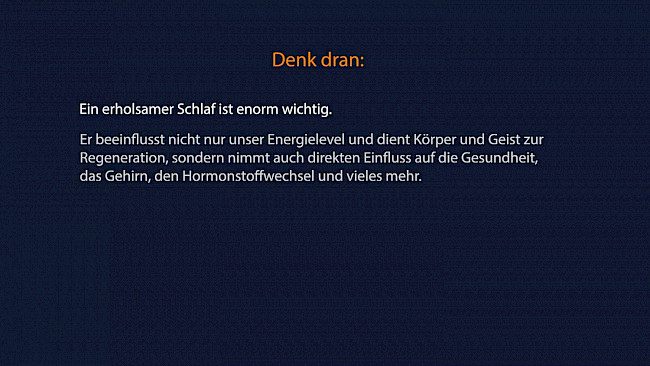 Text auf dunklem Hintergrund: Denk dran: Ein erholsamer Schlaf ist enorm wichtig