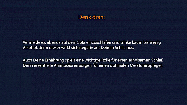 Text auf dunklem Hintergrund zu Schlaf, Alkohol und Ernährung