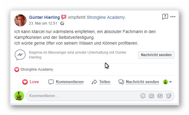Facebook-Bewertung von Günter Hierling für Strongline Academy mit Empfehlung von Marcel Descy