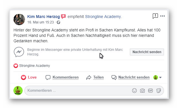 Facebook-Bewertung von Kim Marc Herzog für Strongline Academy