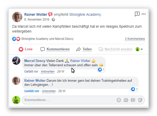 Facebook-Bewertung von Rainer Wolter für Marcel Descy und Strongline Academy
