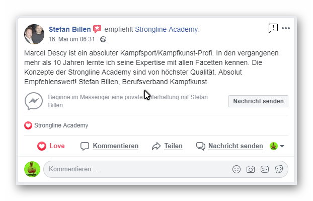Facebook-Bewertung von Stefan Billen für Marcel Descy und Strongline Academy