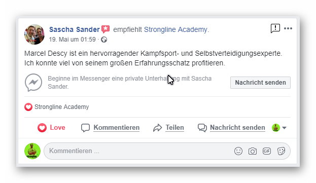 Facebook-Bewertung von Sascha Sander für Marcel Descy und Strongline Academy
