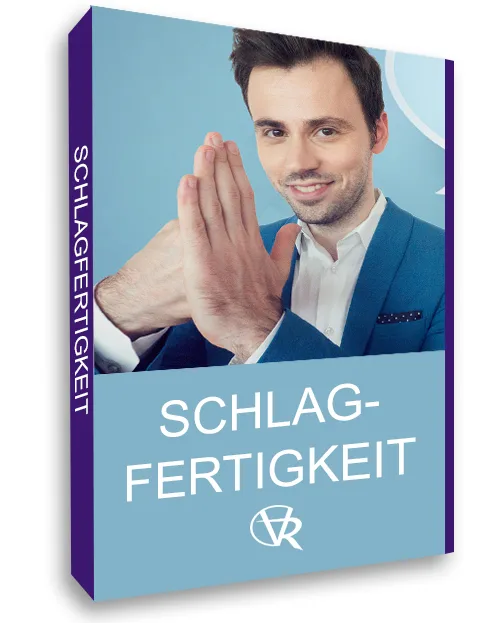 Kurs-Mockup Schlagfertigkeit mit Mann und Text auf 3D-Box in Blau und Violett