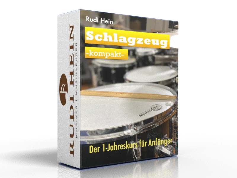 Schlagzeug lernen für Anfänger – der Jahreskurs 4 Schlagzeug Kompakt Jahreskurs Produktbox 3D-Ansicht mit Drumsticks, Schlagzeug und Rudi Hein Logo auf weißem Hintergrund