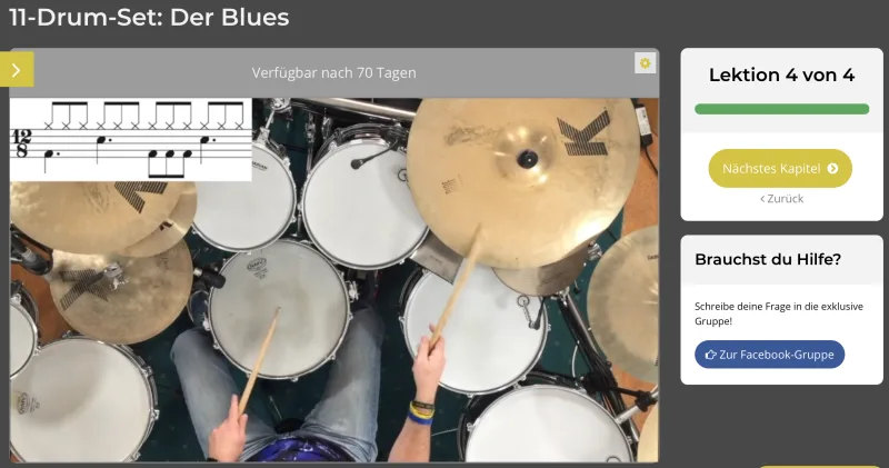 Schlagzeug lernen für Anfänger – der Jahreskurs 5 Screenshot Drum-Set Blues Lektion mit Schlagzeug, Noten und Lektion 4 von 4 Anzeige