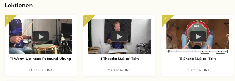 Schlagzeug lernen für Anfänger – der Jahreskurs 10 Screenshot Lektionen des Schlagzeug Kurses mit drei Videolektionen und Zeitangaben