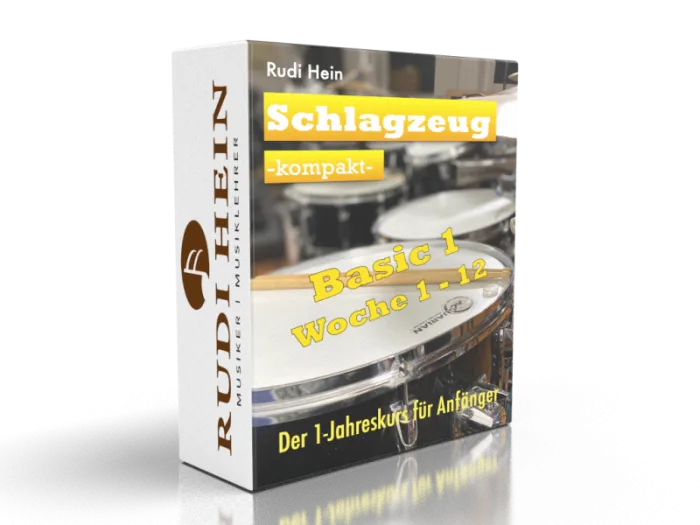 Schlagzeug lernen für Anfänger – der Jahreskurs 3 Schlagzeug Kompakt Jahreskurs Produktbox mit Drumsticks und Schlagzeug, Autor Rudi Hein, Untertitel Der 1-Jahreskurs für Anfä