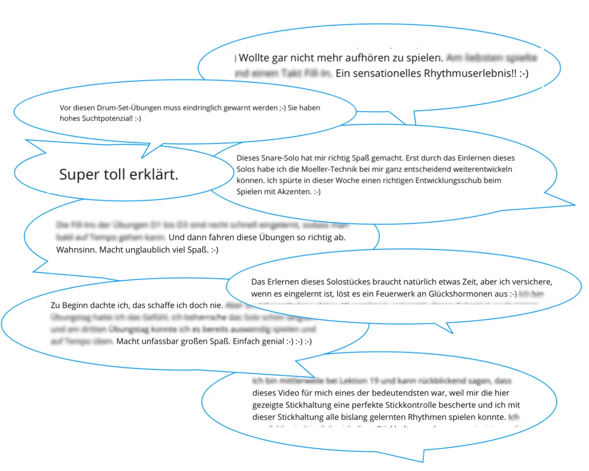 Schlagzeug lernen für Anfänger – der Jahreskurs 12 Screenshot Schüler-Testimonials zum Schlagzeug Kurs mit positiven Kundenmeinungen und Sprechblasen