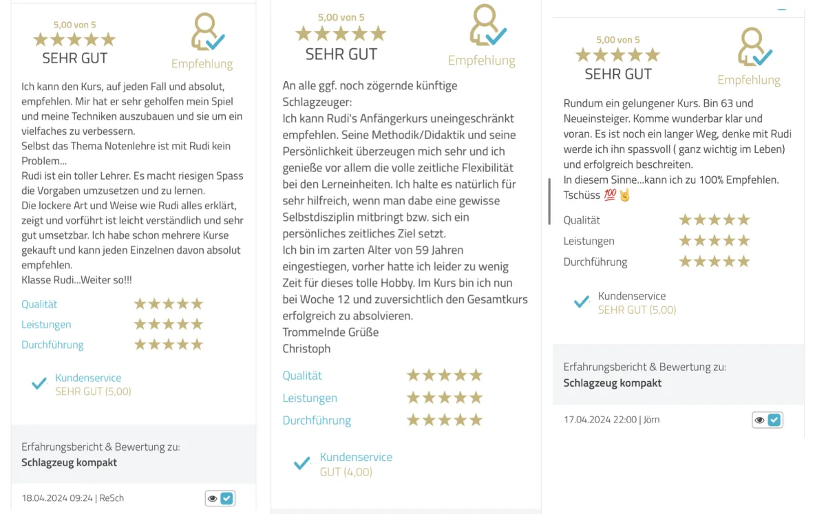 Schlagzeug lernen für Anfänger – der Jahreskurs 11 Screenshot Kundenbewertungen und Erfahrungsberichte zum Schlagzeug Kompakt Kurs mit 5-Sterne-Bewertungen
