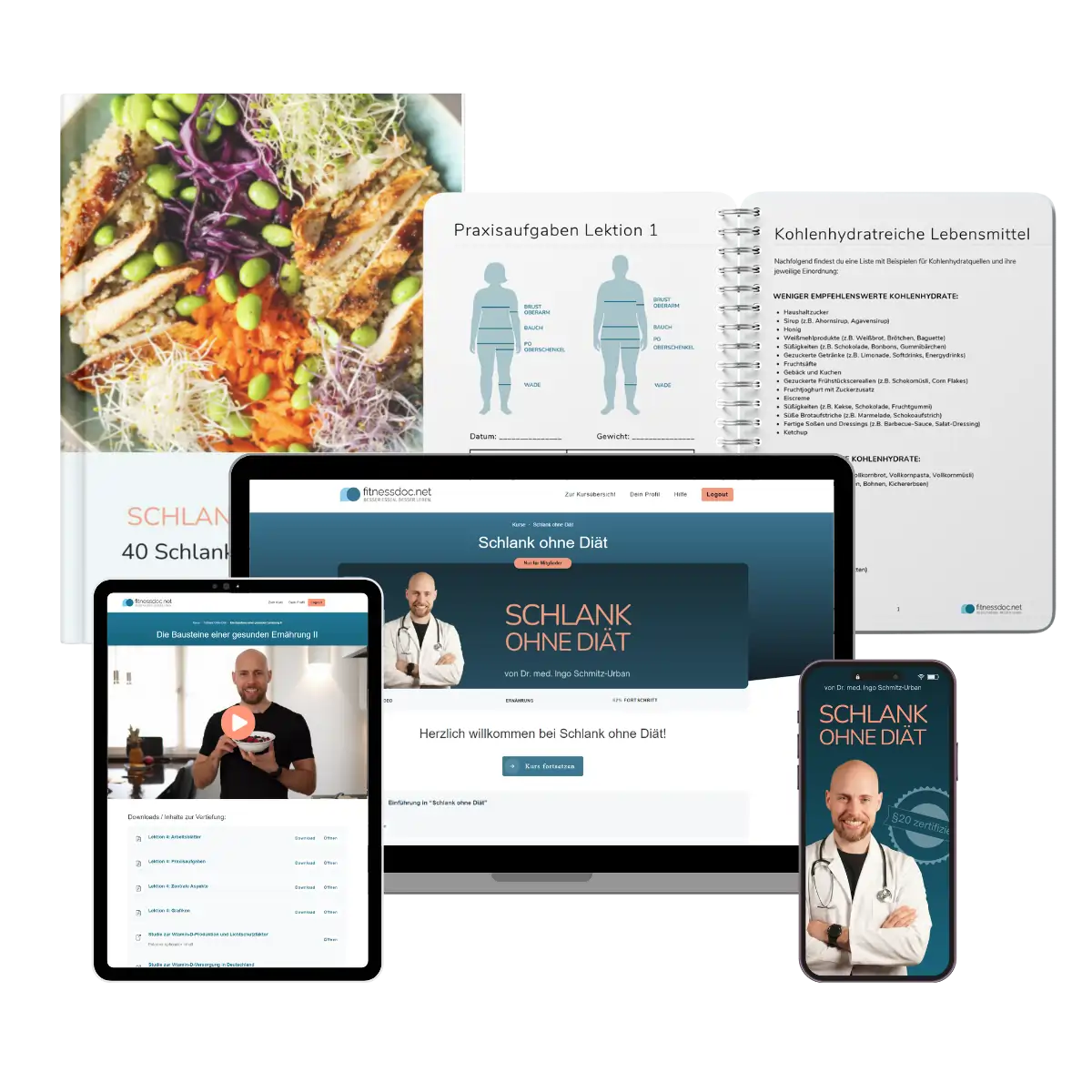 Multi-Device Mockup Schlank ohne Diät mit Workbook, Smartphone, Tablet und Desktop-Ansicht