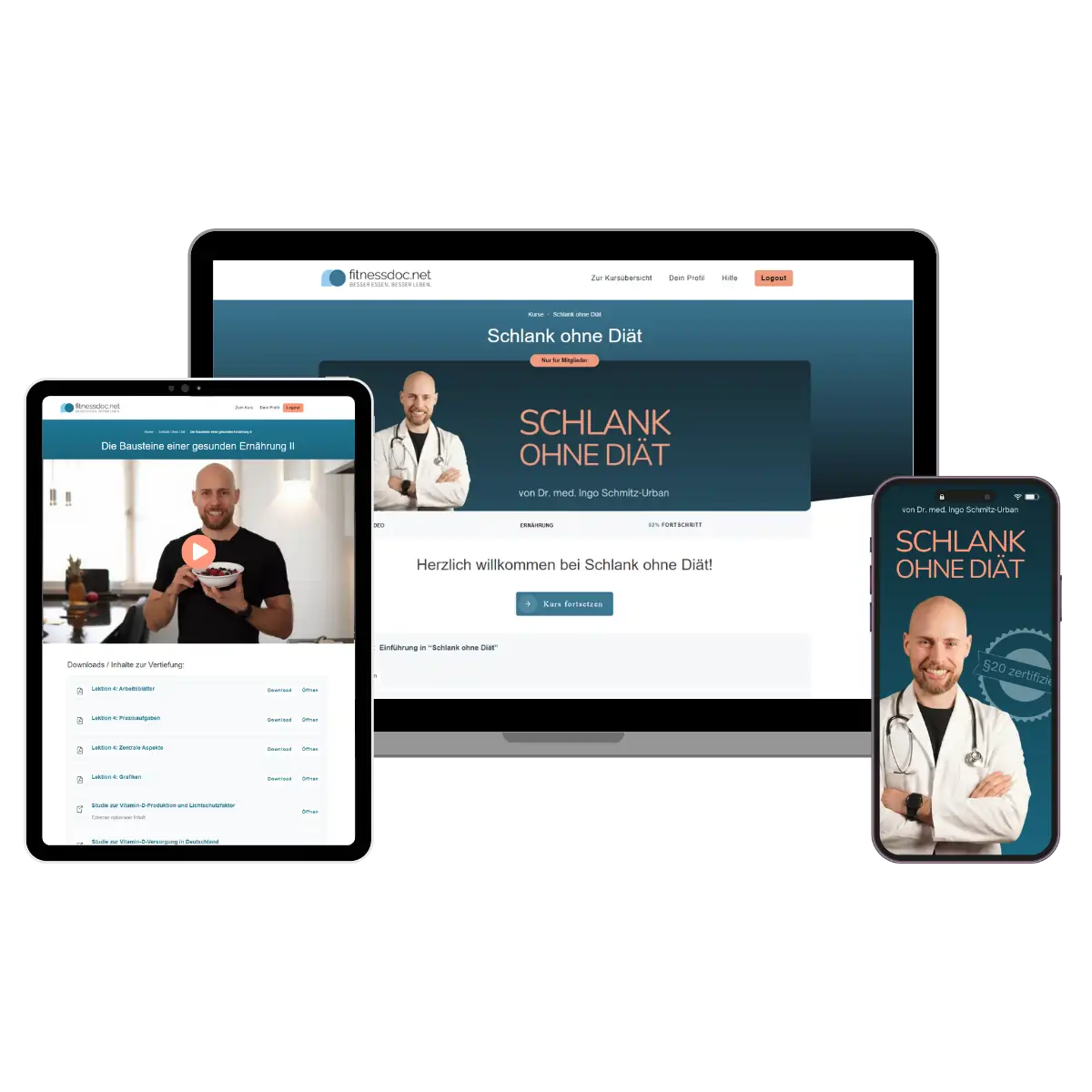 Multi-Device Mockup Schlank ohne Diät Kurs-Plattform auf Tablet, Desktop und Smartphone
