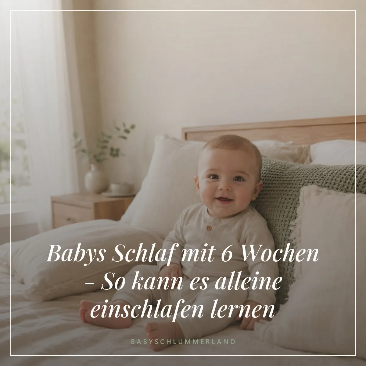 Glückliches Baby im Bett, Zitat zum Babyschlaf mit 6 Wochen