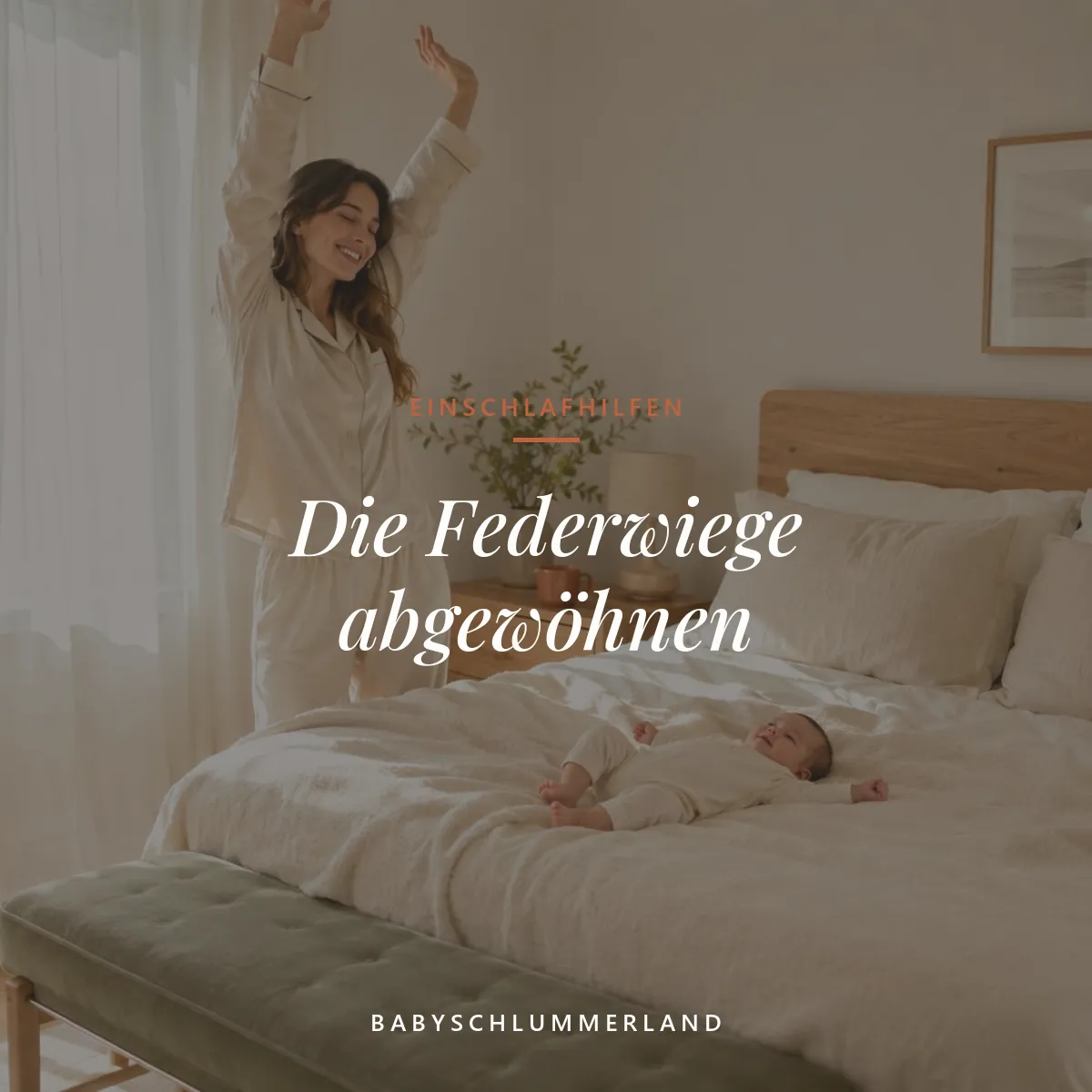 Glückliche Mutter mit Neugeborenes im Bett, Zitat zur Federwiege