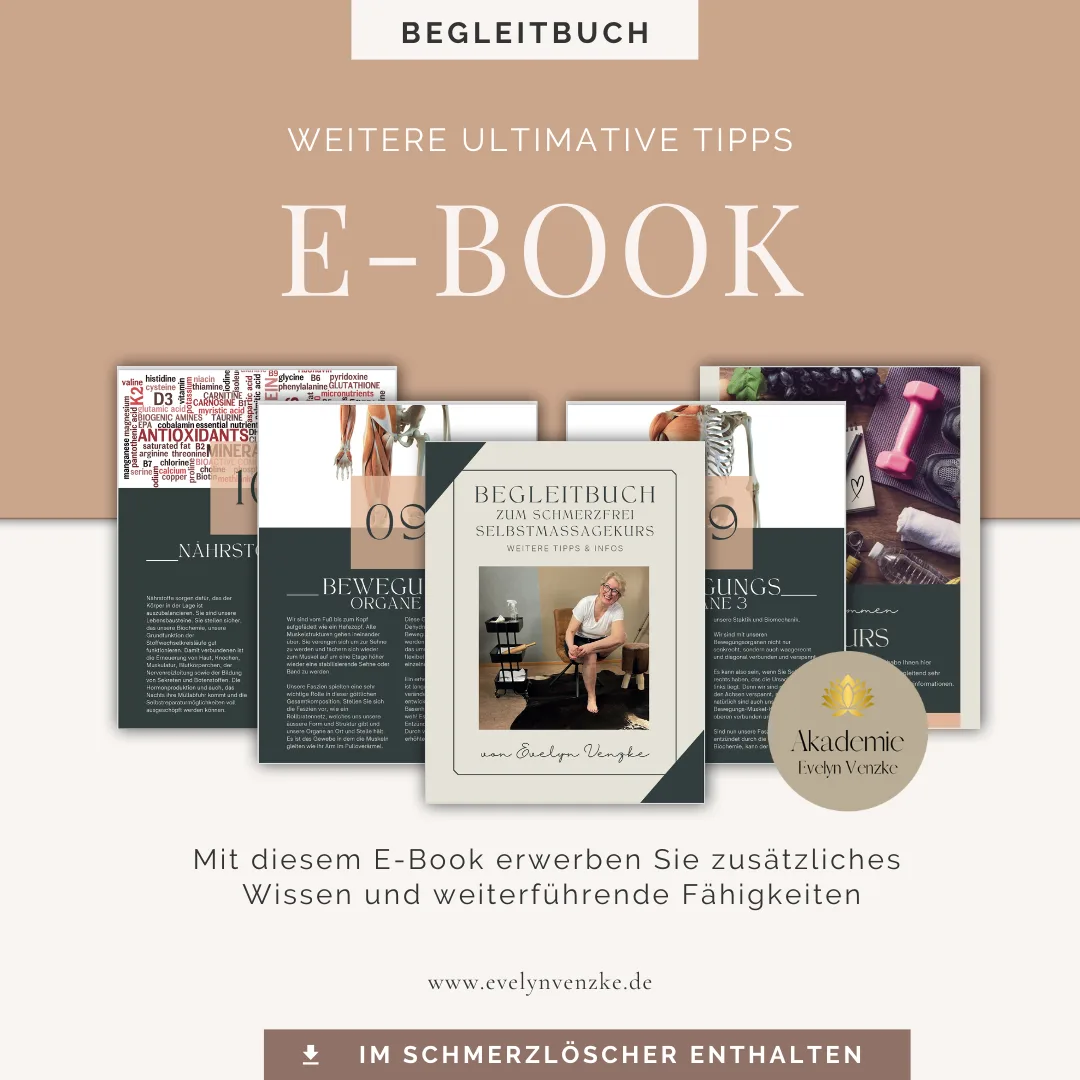 E-Book Begleitmaterial zum Schmerzlöscher Selbstmassagekurs mit Tipps, Infos und Produktabbildungen