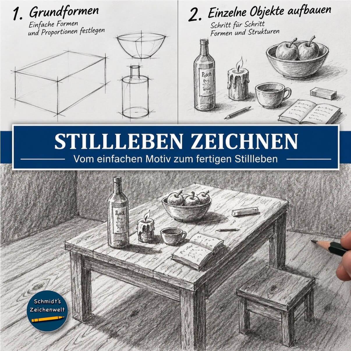 Schmidt's Zeichenwelt – Zeichenkurs-Abo von Ralf Wilhelm Schmidt 11 Stillleben zeichnen Kurs mit Grundformen, Objektaufbau und fertiger Stilleben-Komposition