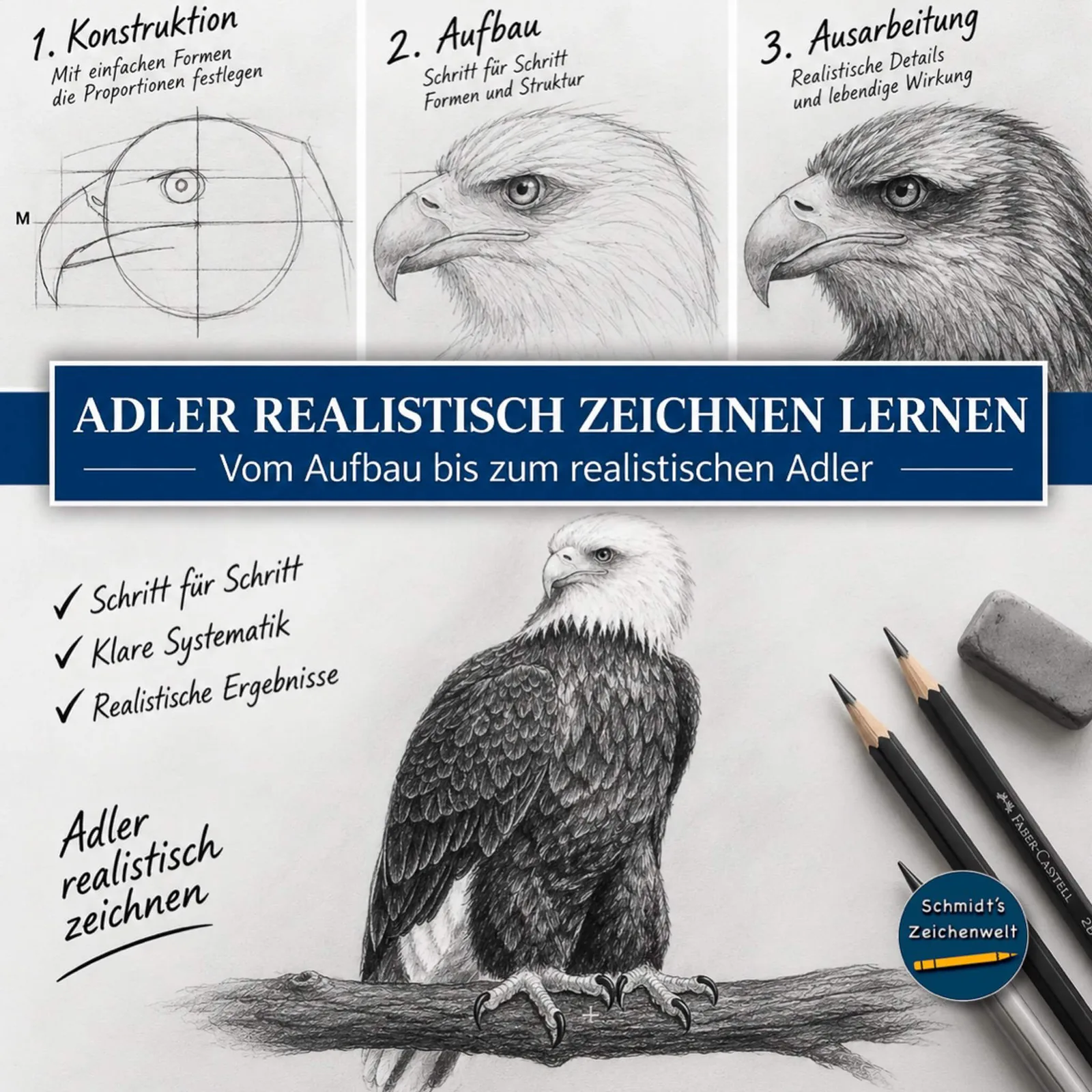 Schmidt's Zeichenwelt – Zeichenkurs-Abo von Ralf Wilhelm Schmidt 13 Adler realistisch zeichnen mit Konstruktion, Aufbau, Ausarbeitung und Bleistiften