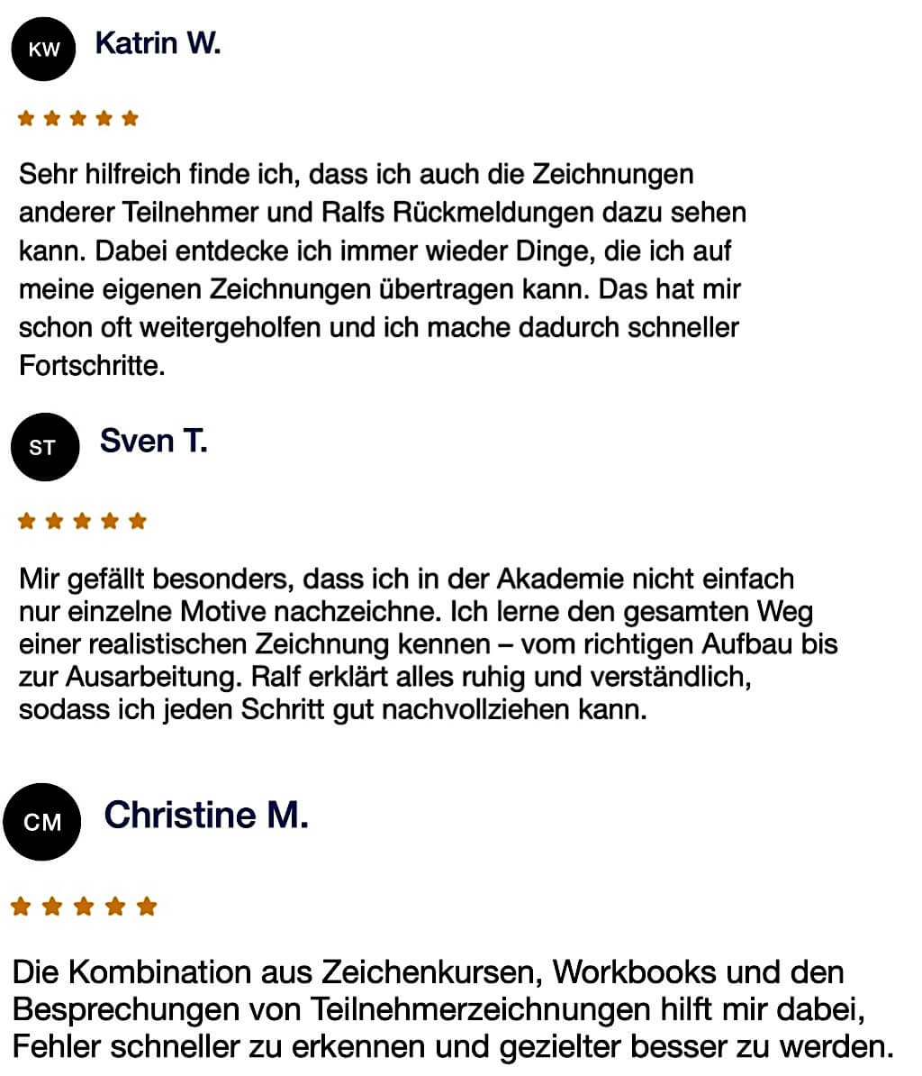 Schmidt's Zeichenwelt – Zeichenkurs-Abo von Ralf Wilhelm Schmidt 4 Kundenbewertungen Schmidt's Zeichenwelt mit fünf Sternen von Katrin W., Sven T. und Christine M.