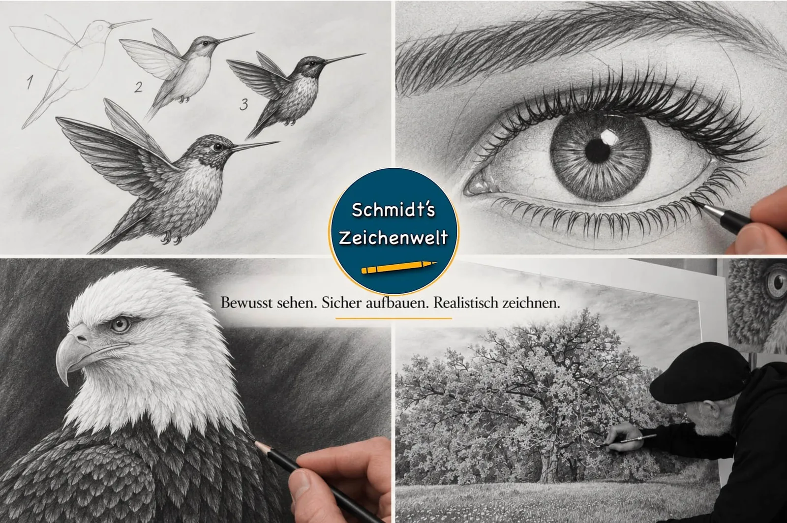 Schmidt's Zeichenwelt – Zeichenkurs-Abo von Ralf Wilhelm Schmidt 2 Schmidt's Zeichenwelt Titelbild mit Kolibri-Zeichnungen, realistischem Auge und Tagline