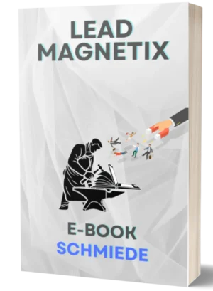 E-Book-Cover Lead Magnetix mit 3D-Buchdesign, schwarzem Magnet und illustrierten Personen auf Papier
