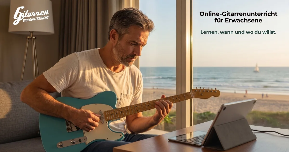 Schnellstart Rockgitarre – Die Grundlagen in 6 Monaten 3 Mann spielt Teal-Gitarre am Fenster mit Meerblick, Laptop auf Tisch, Stehlampe mit Gitarren Videounterrricht Logo, Text Onlin