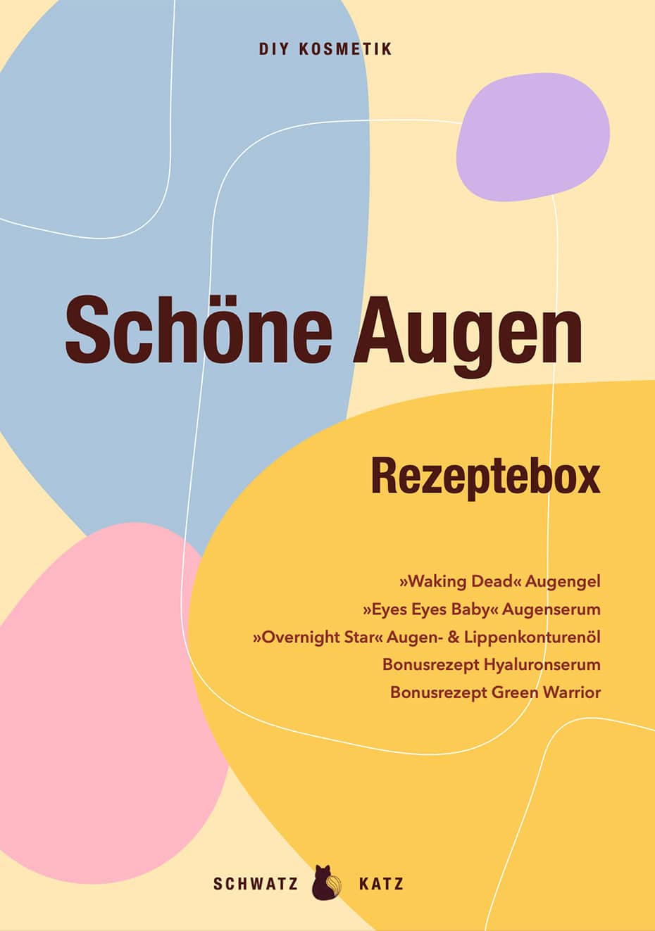 Schöne Augen Rezeptbox Cover mit abstrakten farbigen Formen und Produktinformationen