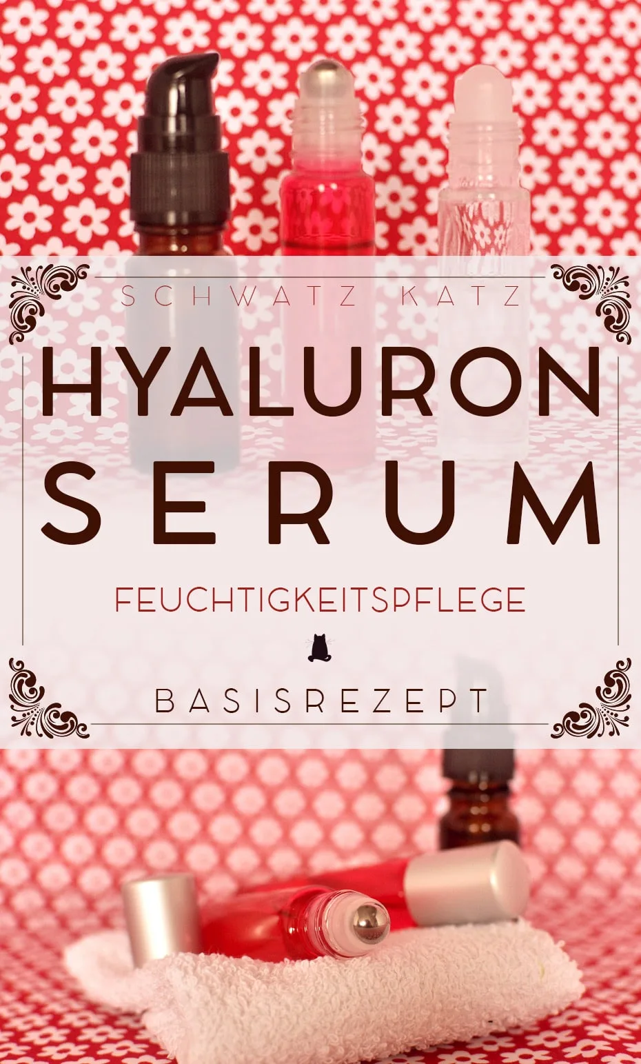 Hyaluron Serum Basisrezept mit drei verschiedenen Produktflaschen auf rosa Untergrund