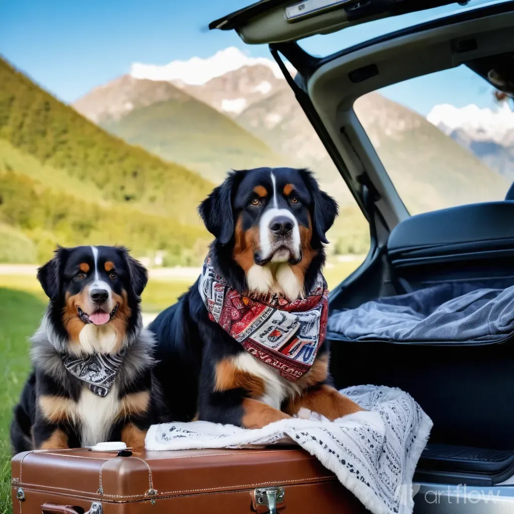 Zwei Bernersennenhunde im Auto vor Berglandschaft mit Reisegepäck