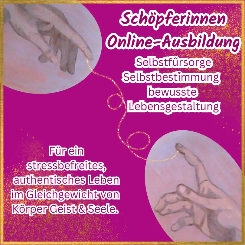 Magenta Hintergrund mit Händen und Blüten, Text Schöpferinnen Online-Ausbildung Selbstfürsorge Selbstbestimmung bewusste Lebe
