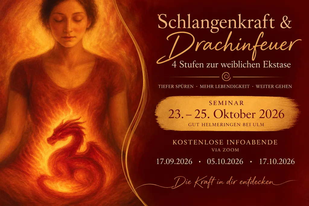 Seminarposter Schlangenkraft & Drachinfeuer mit leuchtender Frauenfigur und rotem Drachen
