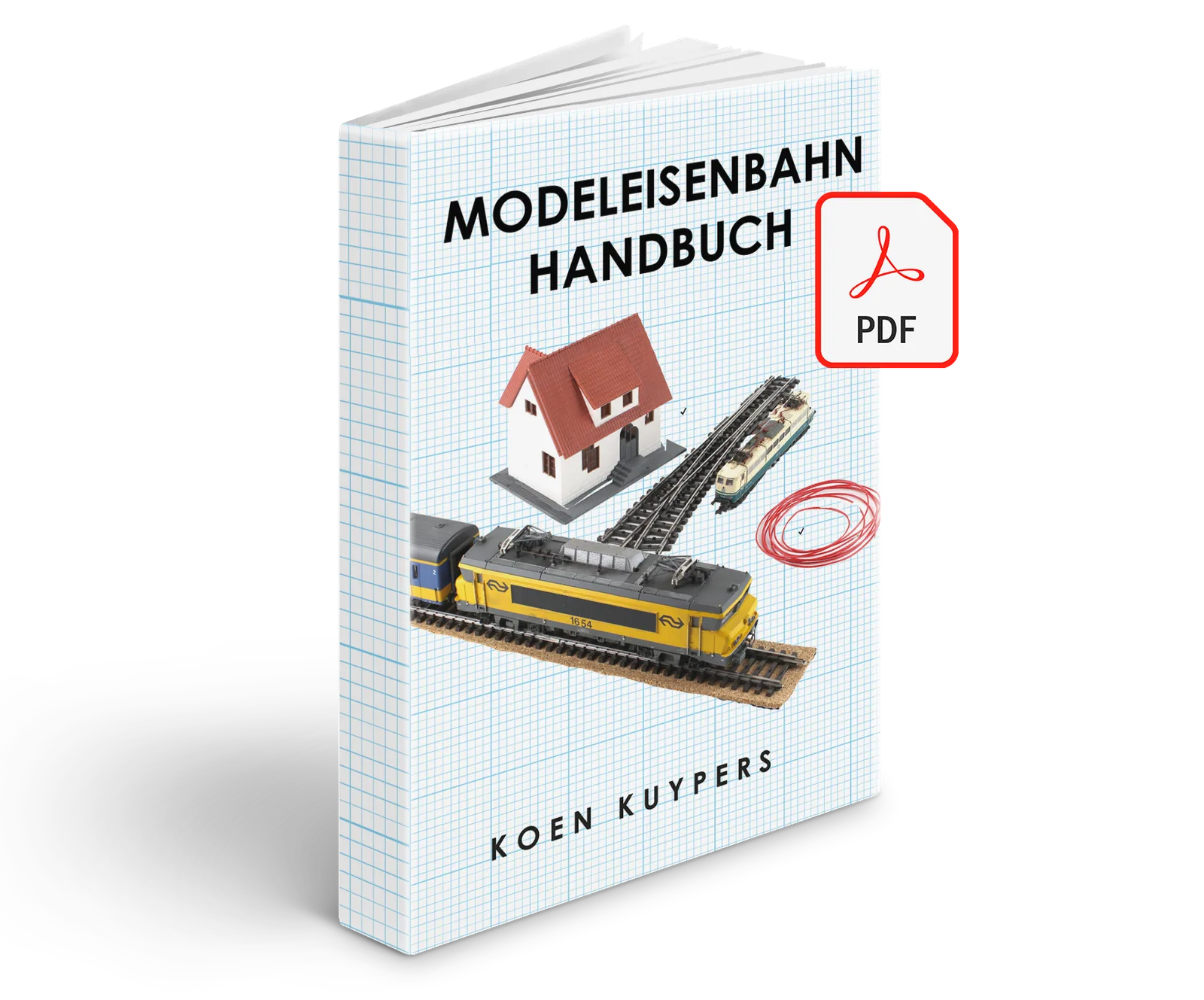 Cover des Handbuches Modelleisenbahn mit Buch, Lokomotive, Haus und PDF-Symbol