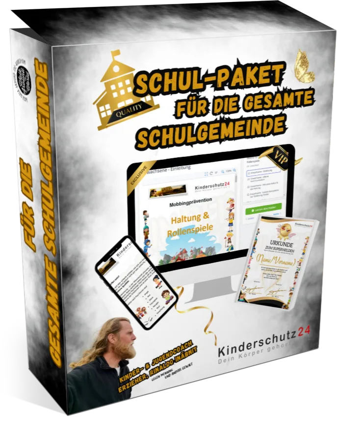 Schul-Paket gegen Mobbing Produktbox mit Schulgebäude-Logo, Tablet, Smartphone und Zertifikat