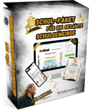 Schul-Paket gegen Mobbing Produktbox mit Schulgebäude-Logo, digitalen Inhalten und Zertifikat