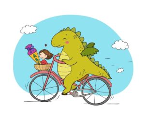 Schulzauber-ZauberOhr Hero-Illustration mit Dinosaurier auf Fahrrad und Kind mit Schultüte
