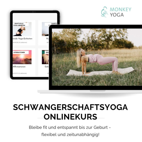 Monkey Yoga Schwangerschaftsyoga Onlinekurs Mockup mit Tablet und Laptop, Frau in Yogahaltung auf Wiese