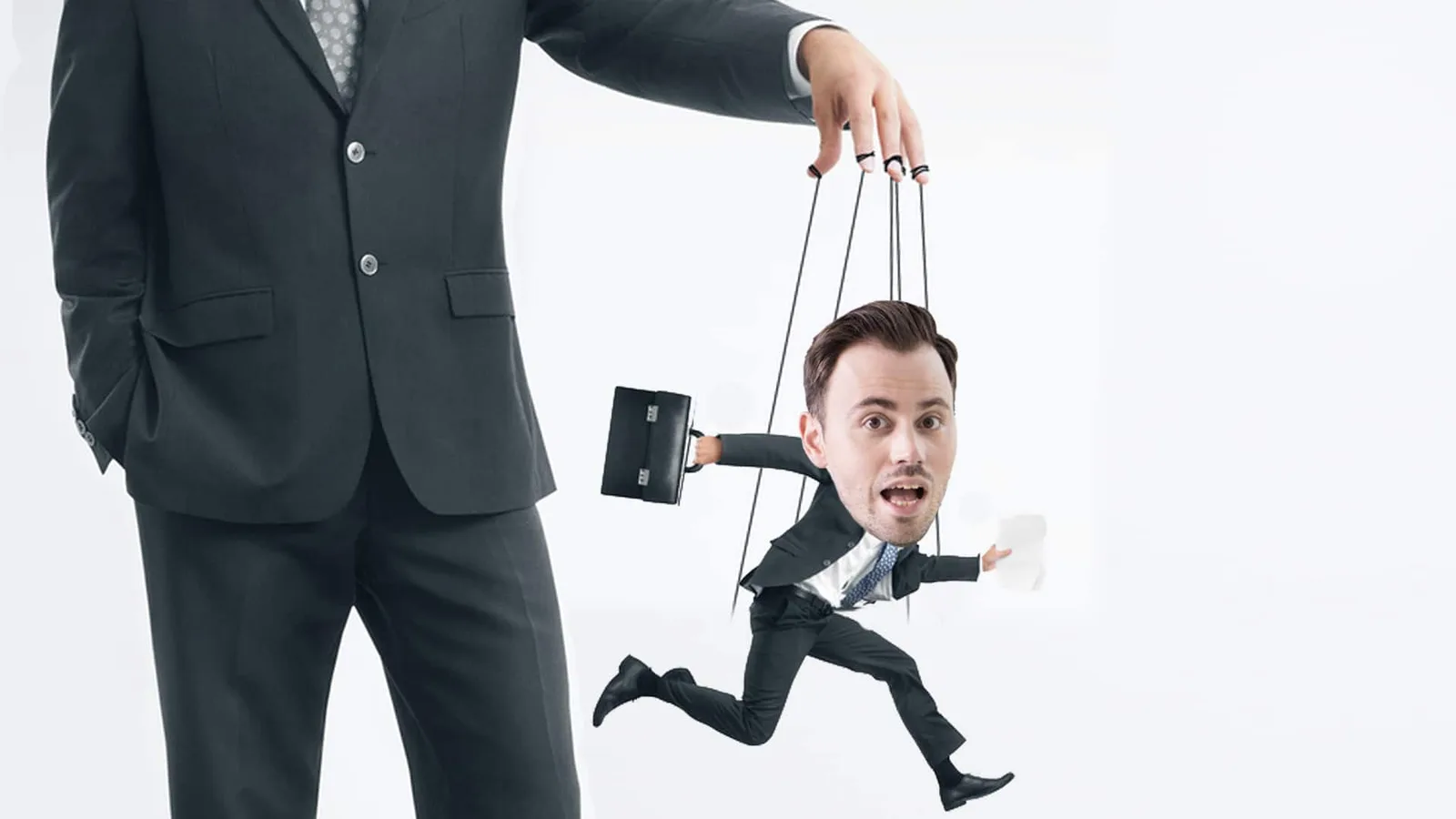 Großer Mann kontrolliert kleinen Geschäftsmann an Fäden wie Marionette