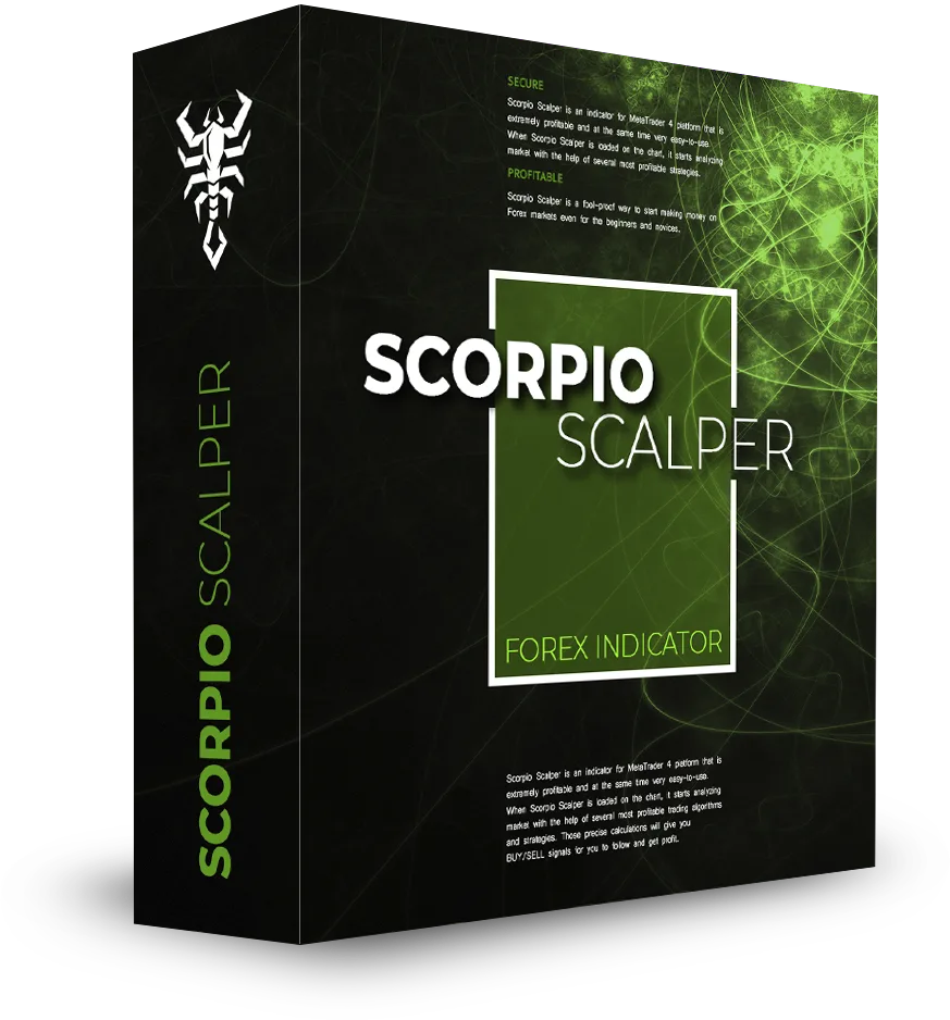 Scorpio Scalper Forex Indicator Produktbox in Schwarz mit grünem Skorpion-Logo und technischer Oberflächenstruktur