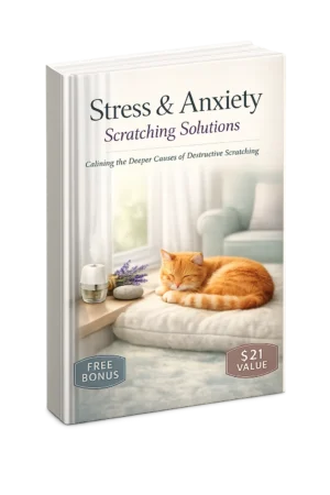 Buchcover Stress & Anxiety Scratching Solutions mit entspannter orange-getigerter Katze auf Kissen am Fenster