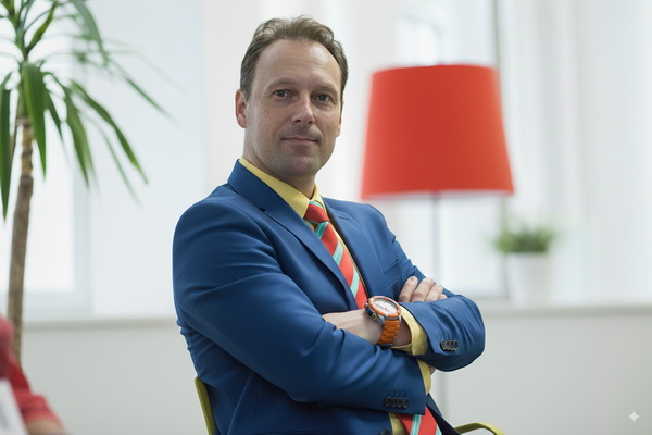 Dejan Majkic in blauem Blazer mit verschränkten Armen, Portrait im Büro