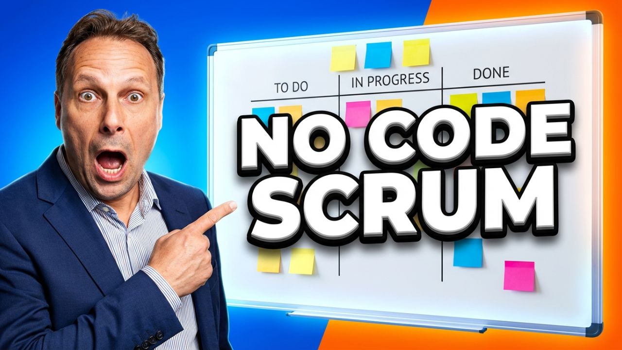Scrum for Non-Tech – Videokurs zu agilem Arbeiten von Dejan Majkic 1 Scrum For Non-Tech Videokurs Mockup mit Kursinhalt und Lernmodulen